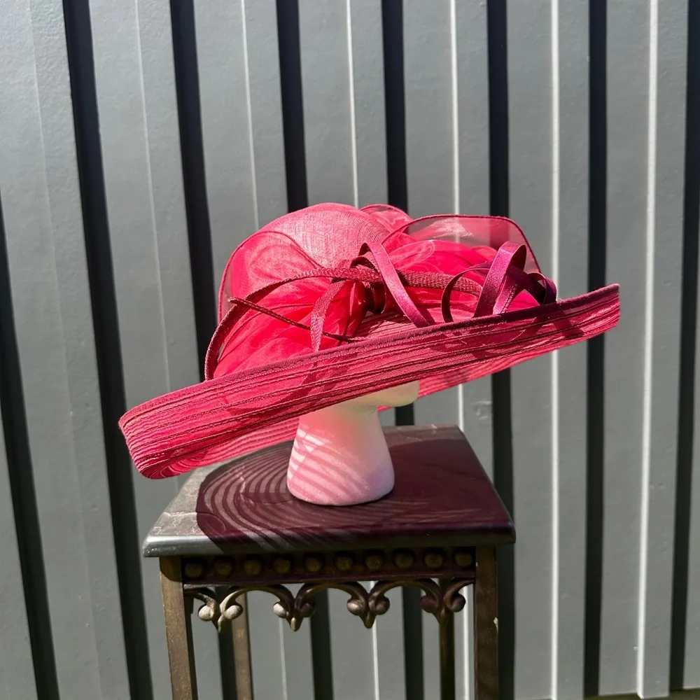 Something Special Cranberry Red Kentucky Derby Wide Brim Ribbon Bow Hat
